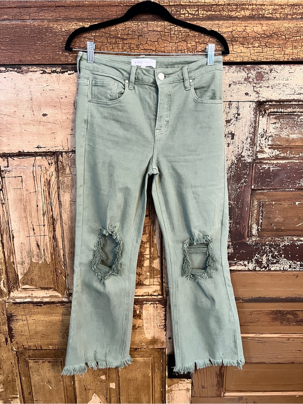 Risen Sage Green Jeans | High Rise Distressed Cropped Flare | Size 28 NWOT